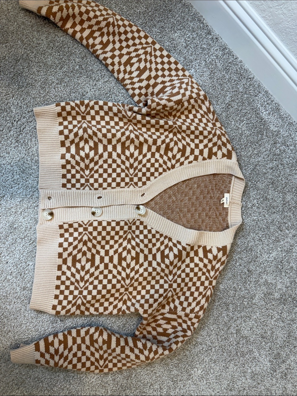 debut Cream and Brown Geometric Button-Front Cardigan - size small